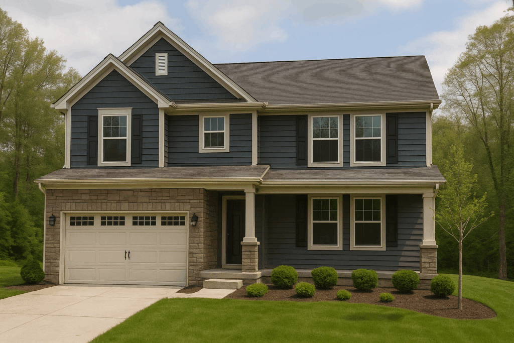 Two-Story Suburban Real Estate Home With Dark Blue Siding, Stone Accents, And Manicured Lawn In A Quiet Residential Neighborhood