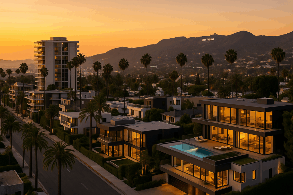 Luxury Modern Homes And High Rise Condominiums In West Hollywood At Golden Hour With Hollywood Hills Views And Contemporary Architecture Featuring Floor To Ceiling Windows And Rooftop Pools.