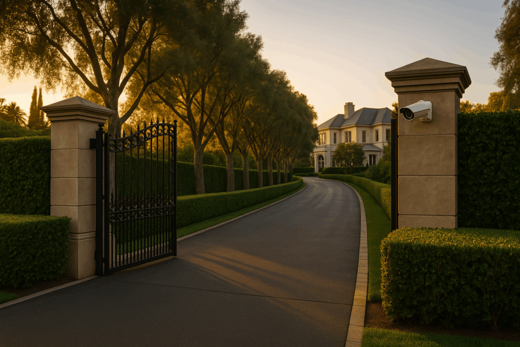Holmby Hills Luxury Estate Gated Entrance With Security Camera And Private Driveway Leading To Mansion.