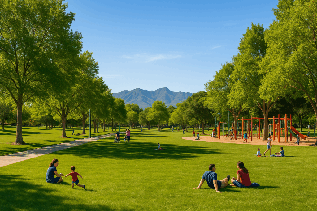 Family Friendly Park In Brentwood California With Walking Paths Playground And Santa Monica Mountains Views.