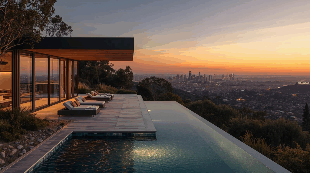 Luxury Modern Home In Hollywood Hills With Panoramic City Views At Sunset.