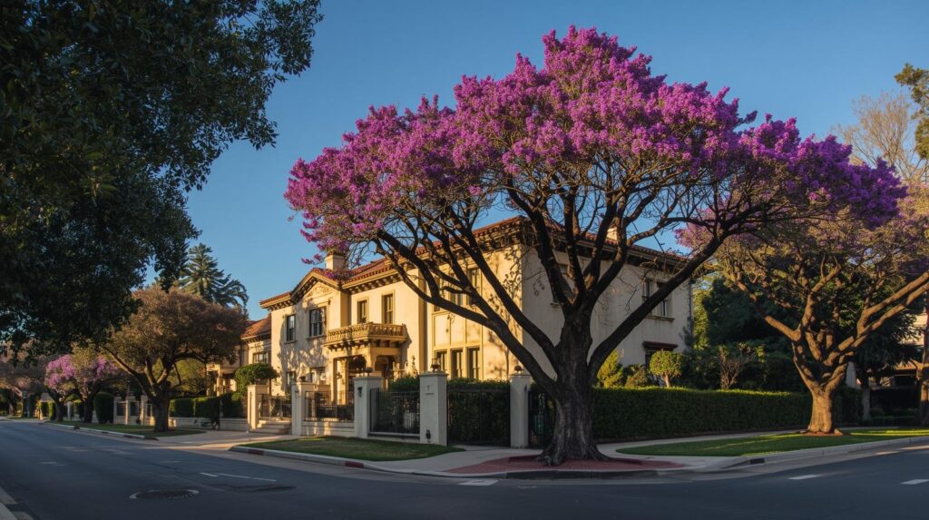 Hancock Park Los Angeles Luxury Homes Tree Lined Streets Historic Spanish Colonial Mansion Jacaranda Trees.