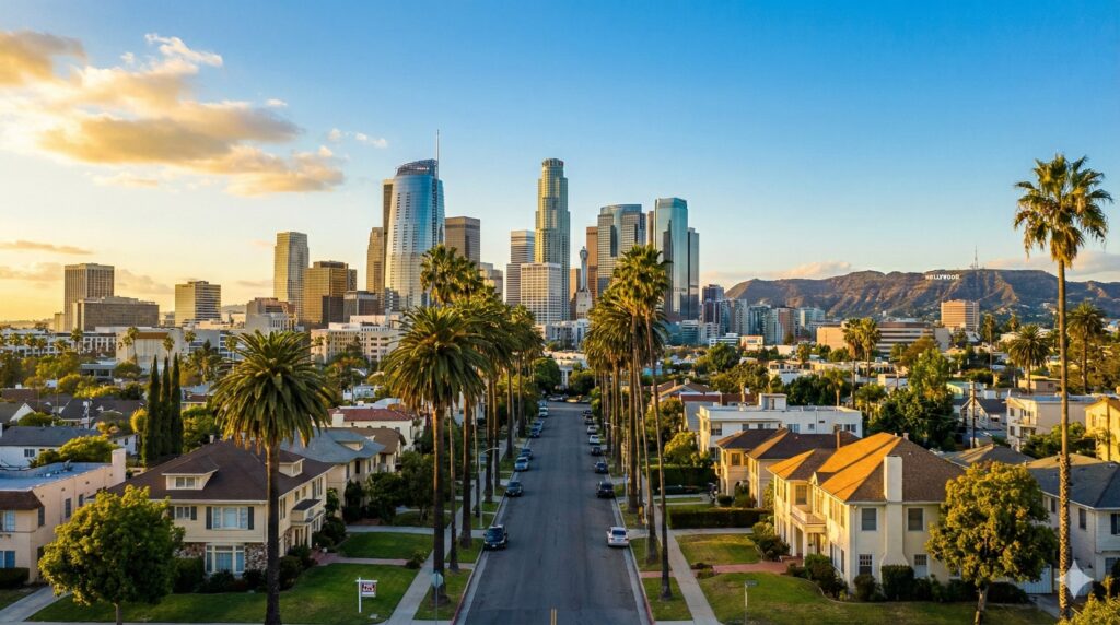 Los Angeles Skyline With Palm Tree Lined Residential Street And Hollywood Hills Perfect For Home Buyers Looking To Buy Property In LA.
