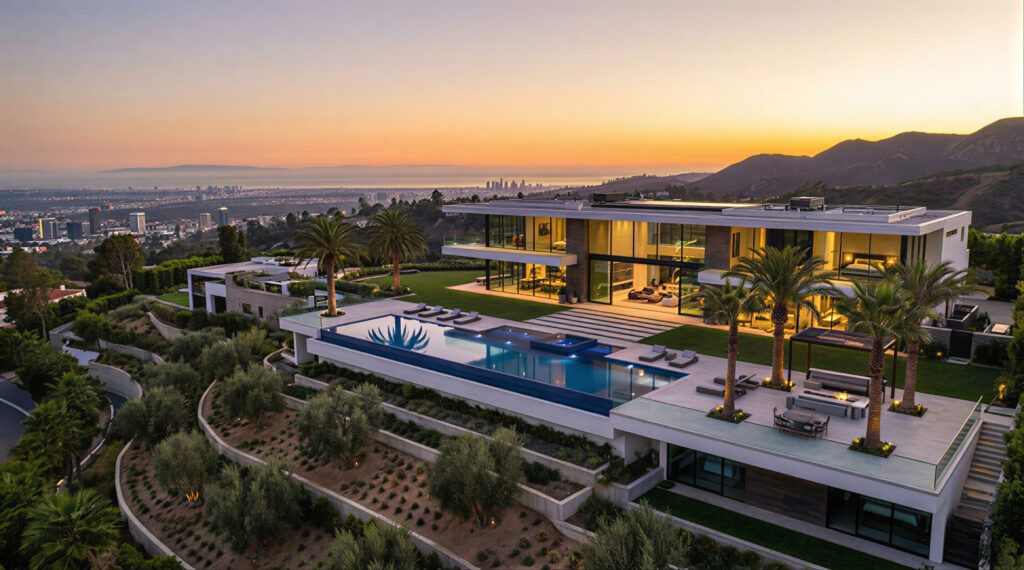 Luxury Bel Air Real Estate Investment Property With Infinity Pool Overlooking Los Angeles Skyline At Sunset.