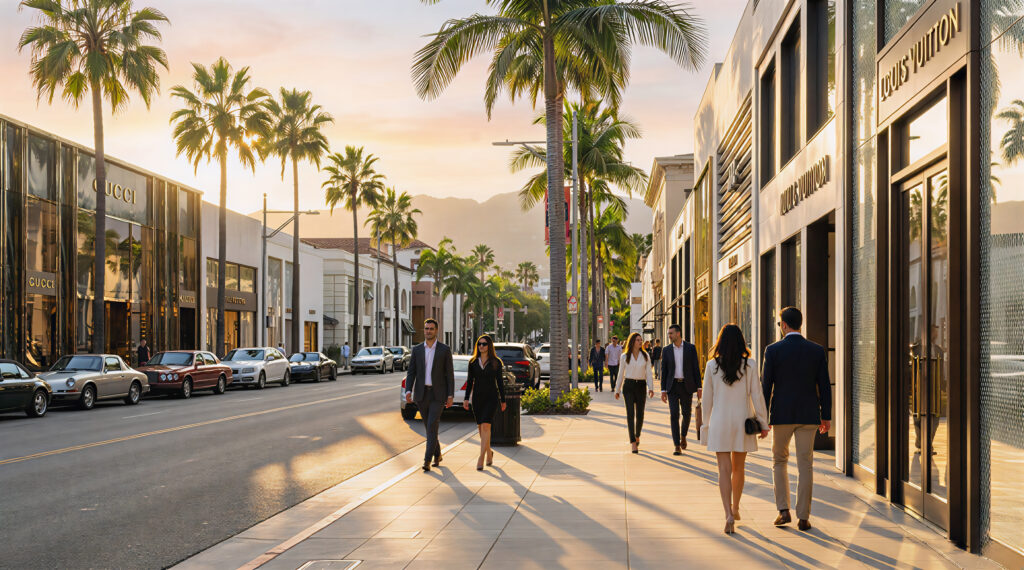 Beverly Hills Rodeo Drive Luxury Shopping District With Palm Trees And Designer Boutiques At Sunset.