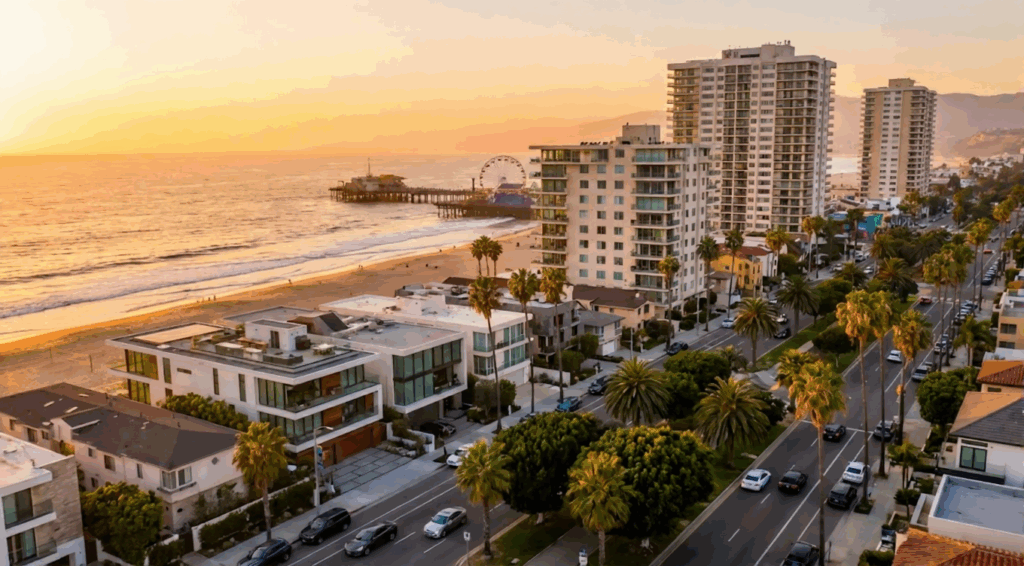 Santa Monica Beachfront Real Estate Investment Properties With Luxury High Rises And Ocean Views At Sunset.