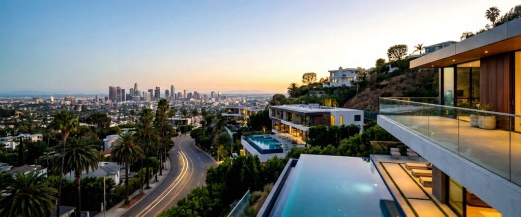 Luxury Homes In West Hollywood Hills With Infinity Pools And Panoramic Views Of Los Angeles Skyline At Sunset.