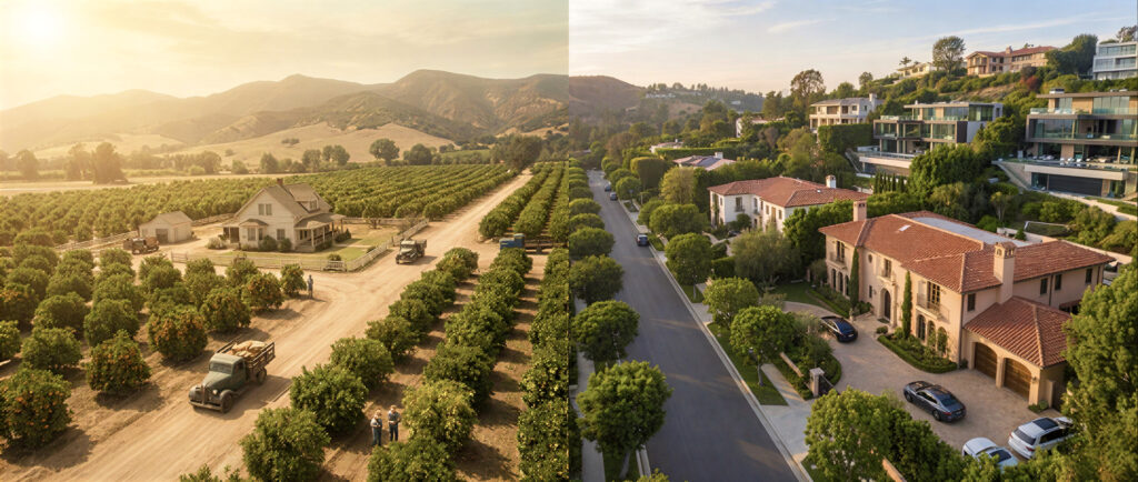 Brentwood Los Angeles History Showing Agricultural Farmland With Vineyards And Santa Monica Mountains Transforming Into Modern Luxury Homes With Tree Lined Streets And Spanish Colonial Architecture