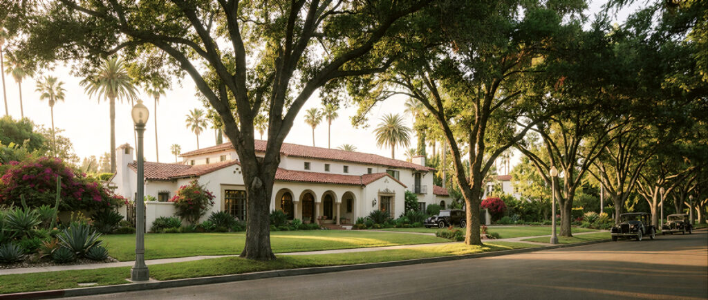 Historic Spanish Colonial Revival Mansion In Hancock Park Los Angeles With Tree Lined Street And Manicured Lawn.