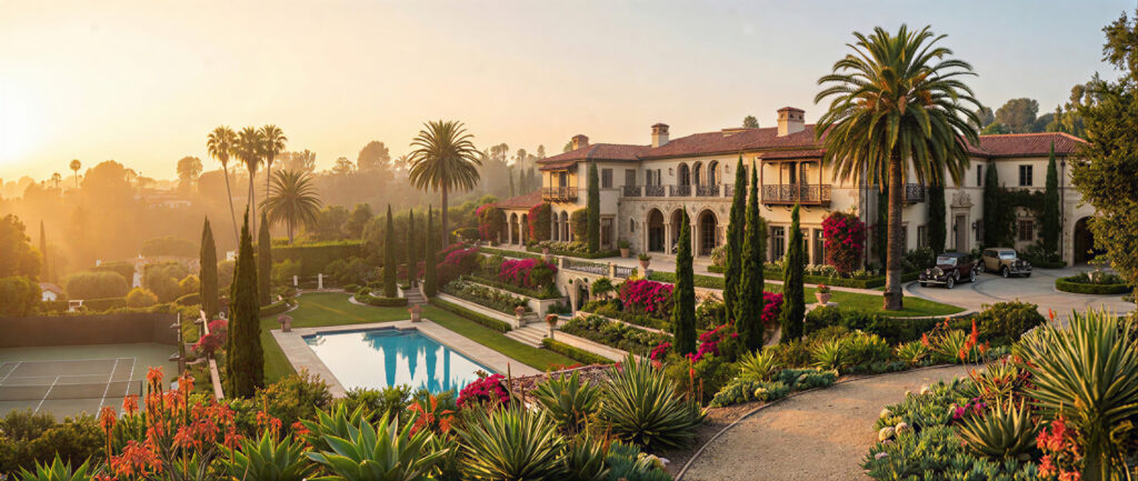 Historic Luxury Estate In Holmby Hills With Swimming Pool And Manicured Gardens At Sunset.