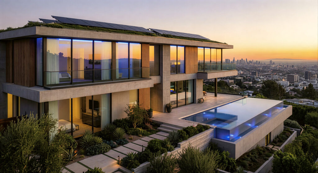 Modern Luxury Smart Home In Hollywood Hills With Automated Features, Solar Panels, And Infinity Pool Overlooking Los Angeles Skyline At Sunset.
