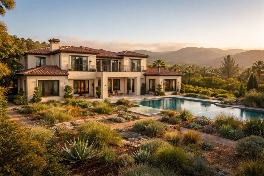 Wide Angle Photograph Of A Modern Luxury Home In Beverly Hills California With Stucco Exterior Terracotta Tile Roof And Drought Resistant Landscaping Under Golden Late Afternoon Light With Hazy Hills And Faint Wildfire Smoke On The Horizon.