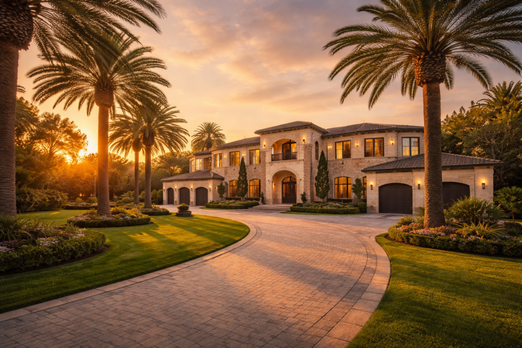 Wide Landscape View Of A Beverly Hills Luxury Estate At Golden Hour Featuring A Palm Tree Lined Driveway Manicured Lawn Modern Mediterranean Architecture Arched Windows Three Car Garage And Warm Sunset Light Over A Pale Stone Facade In California