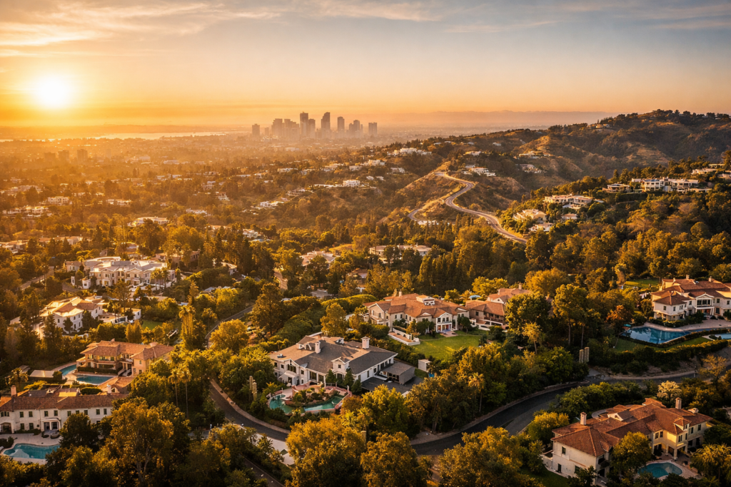 A Sweeping Aerial View Of The Platinum Triangle In Los Angeles Featuring Bel Air, Holmby Hills, And Beverly Hills With Luxury Estate Homes, Tree Lined Streets, And Winding Hillside Roads Glowing In Golden Hour Light.