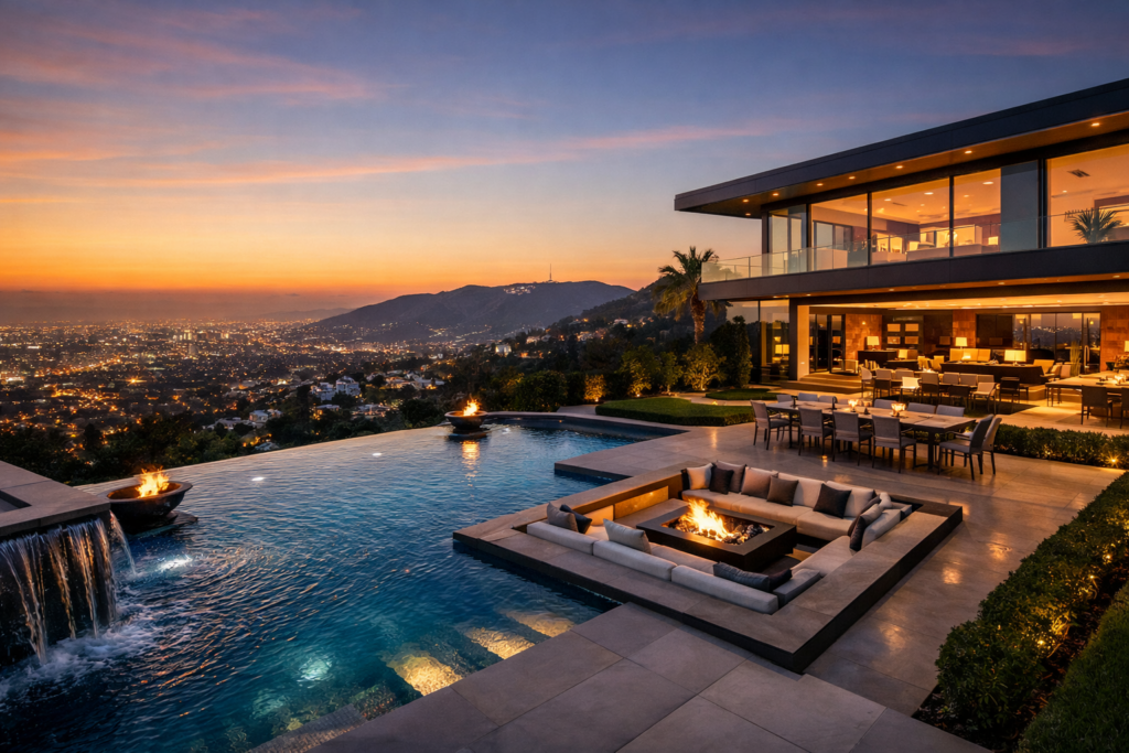Modern Ultra Luxury Los Angeles Estate At Golden Hour Featuring Infinity Pool With Waterfall, Outdoor Fire Pit Lounge, Elegant Dining Area, Floor To Ceiling Glass Walls, City Lights View, And Hollywood Hills In Background