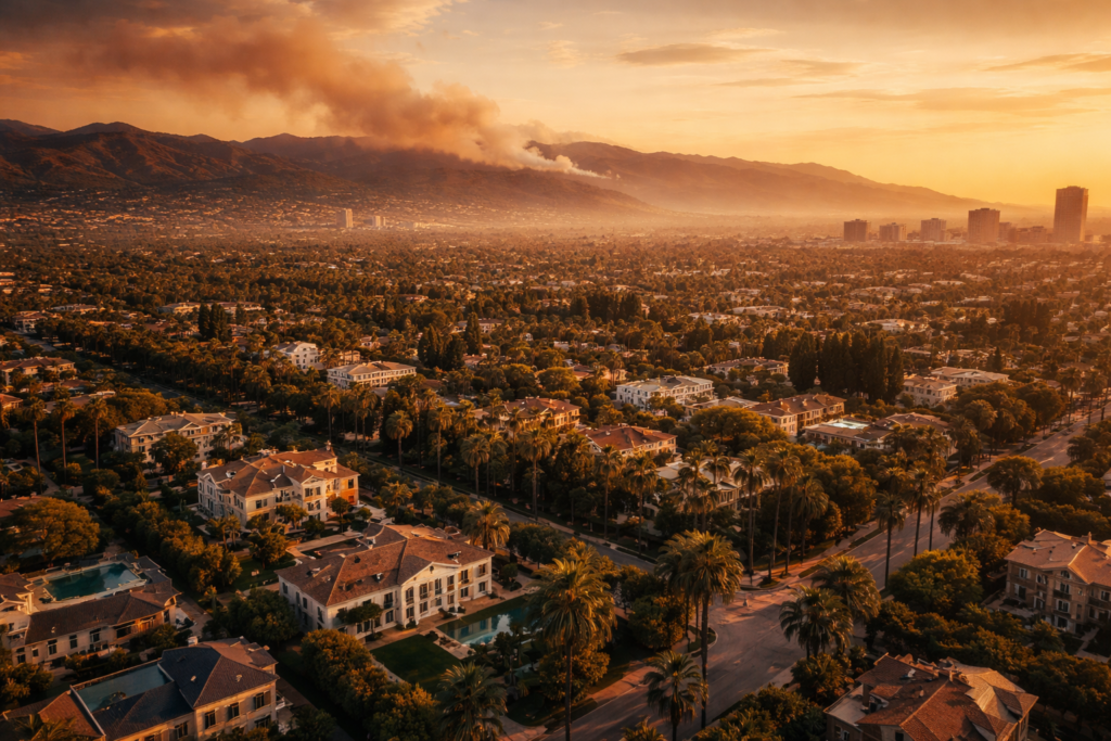 Aerial View Of Beverly Hills And West Hollywood Luxury Estates At Golden Hour With Santa Monica Mountains And Distant Wildfire Smoke On The Horizon.