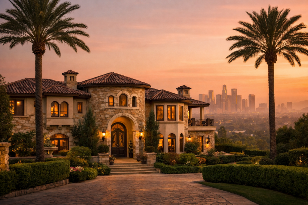 Luxury Mediterranean Style Home In Brentwood Los Angeles With Palm Trees And Downtown Skyline At Golden Hour.