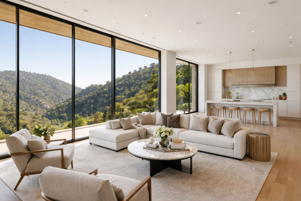 Luxury home interior in Los Angeles with canyon views and floor-to-ceiling windows