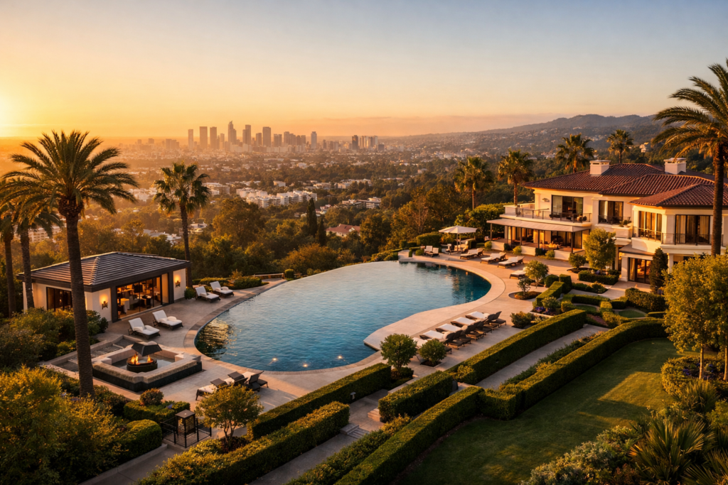 Aerial View Of Beverly Hills Luxury Estate With Infinity Pool And Los Angeles City Skyline At Golden Hour.