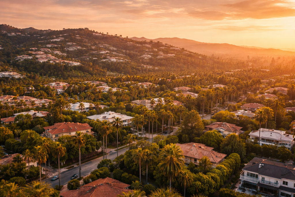 Aerial View Of Beverly Hills Luxury Homes And Palm-Lined Streets At Golden Hour Sunset.