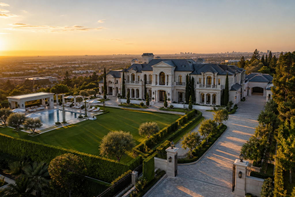 Aerial View Of A Grand Beverly Hills Luxury Estate At Sunset Featuring A French-Style Mansion, Resort Pool, Manicured Grounds, And Panoramic Los Angeles Skyline Views.