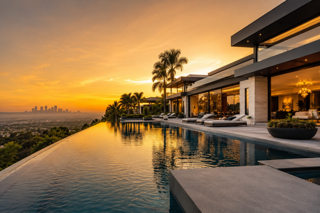 Luxury Bel Air Estate With Infinity Pool Overlooking The Los Angeles Skyline At Golden Hour.