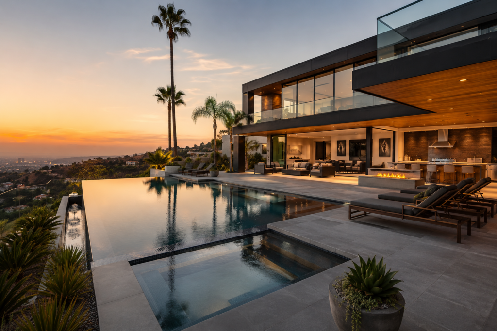 Beverly Hills Luxury Home With Infinity Pool, Outdoor Kitchen, Fire Feature, And Panoramic Los Angeles Views At Sunset.