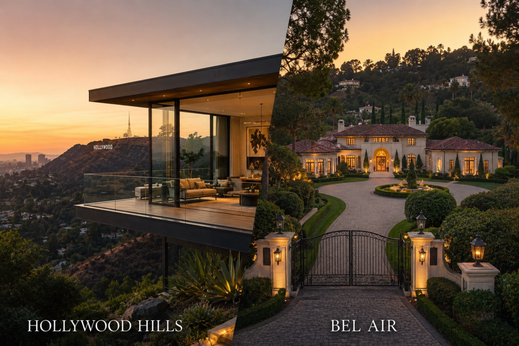 Hollywood Hills Modern Home With Canyon Views Versus Bel Air Gated Estate At Sunset In Los Angeles.