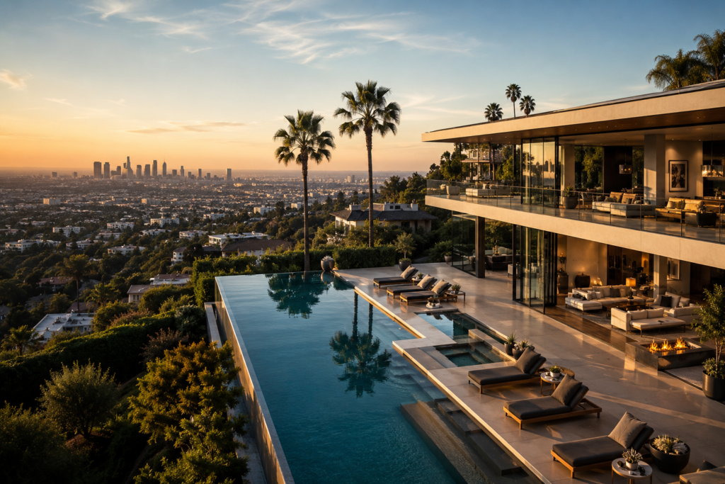 Luxury Home In Los Angeles With Infinity Pool And City Skyline View At Golden Hour