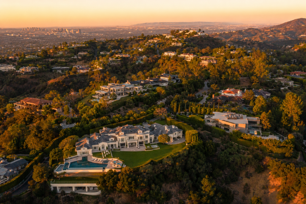Aerial View Of Beverly Hills And Bel Air Luxury Estates At Golden Hour With Los Angeles Skyline In The Background.