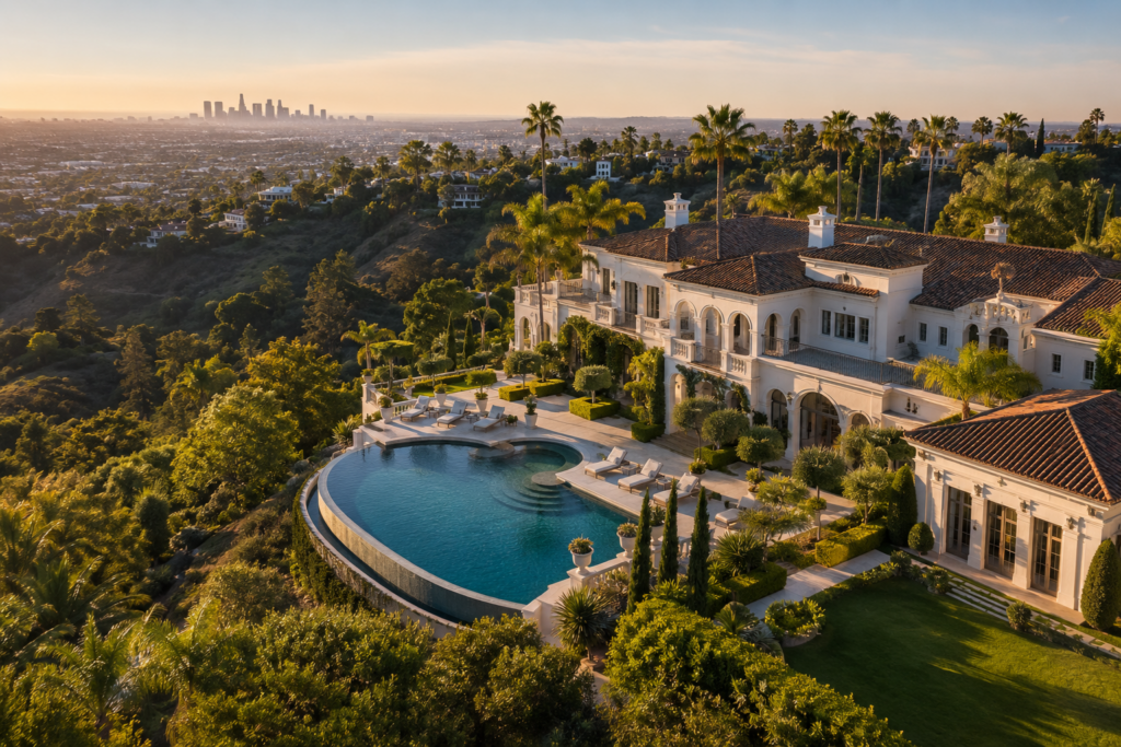 Aerial View Of A Beverly Hills Luxury Estate With Infinity Pool And Los Angeles Skyline At Golden Hour.