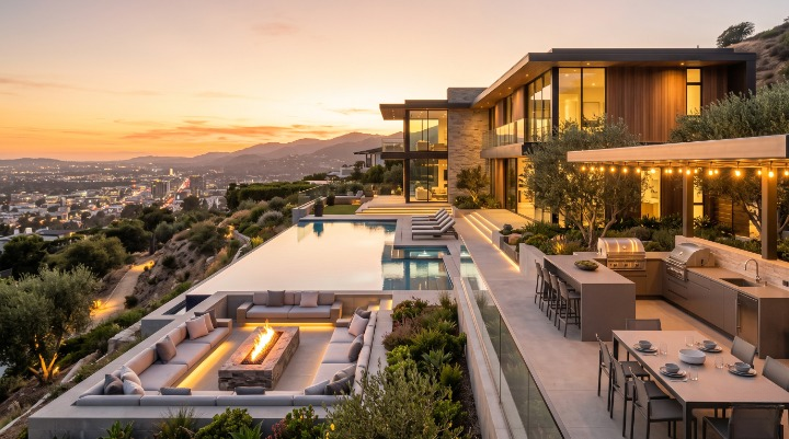 Luxury Hillside Home With Resort Style Backyard And Infinity Pool At Sunset