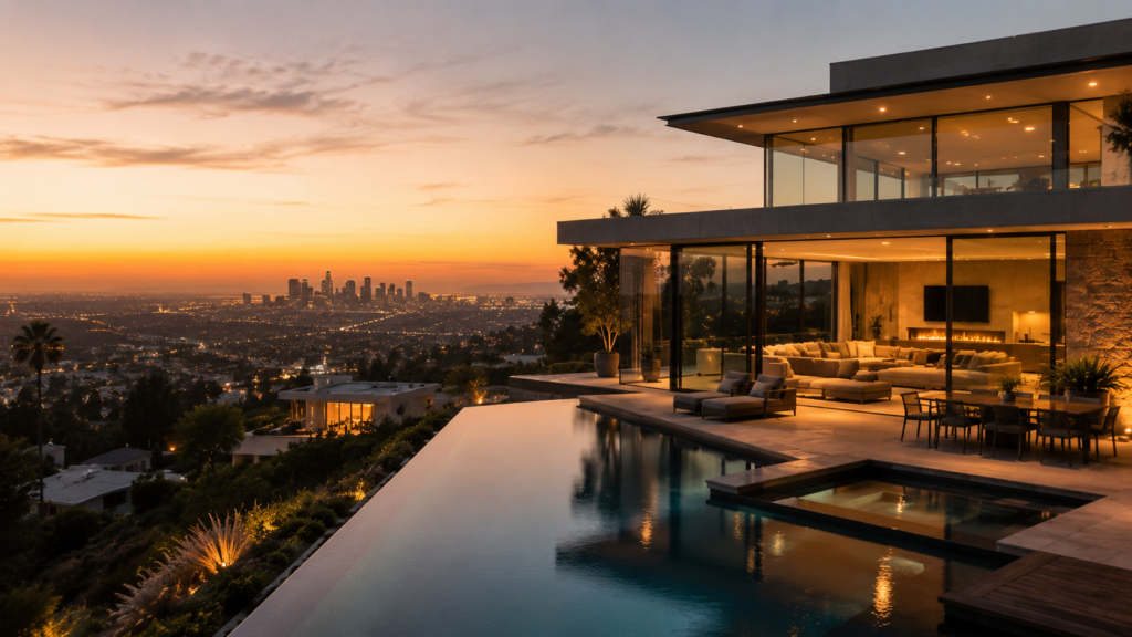 Modern Hollywood Hills Luxury Home With Infinity Pool And Los Angeles Skyline At Sunset