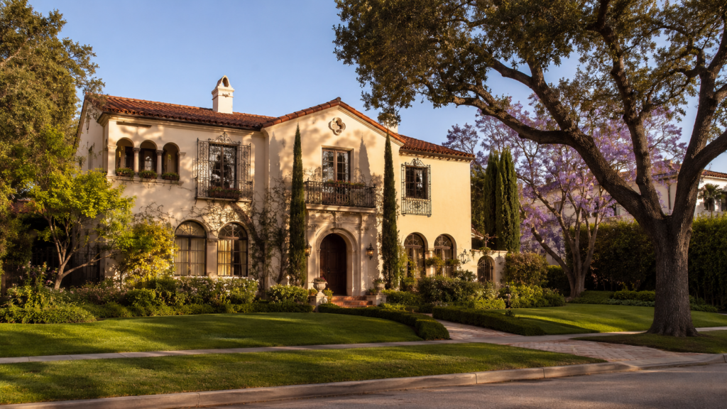 Hancock Park Homes For Sale Spanish Colonial Revival Estate With Tile Roof And Jacaranda Trees.
