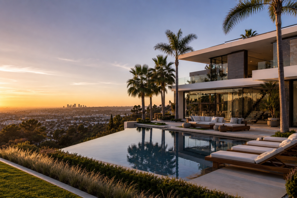 Modern Beverly Hills Luxury Real Estate Property With Infinity Pool, Palm Trees, And City Skyline At Sunset.