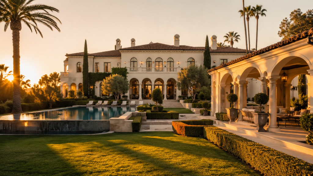 Hancock Park Luxury Estate With Pool And Palm Trees At Sunset.