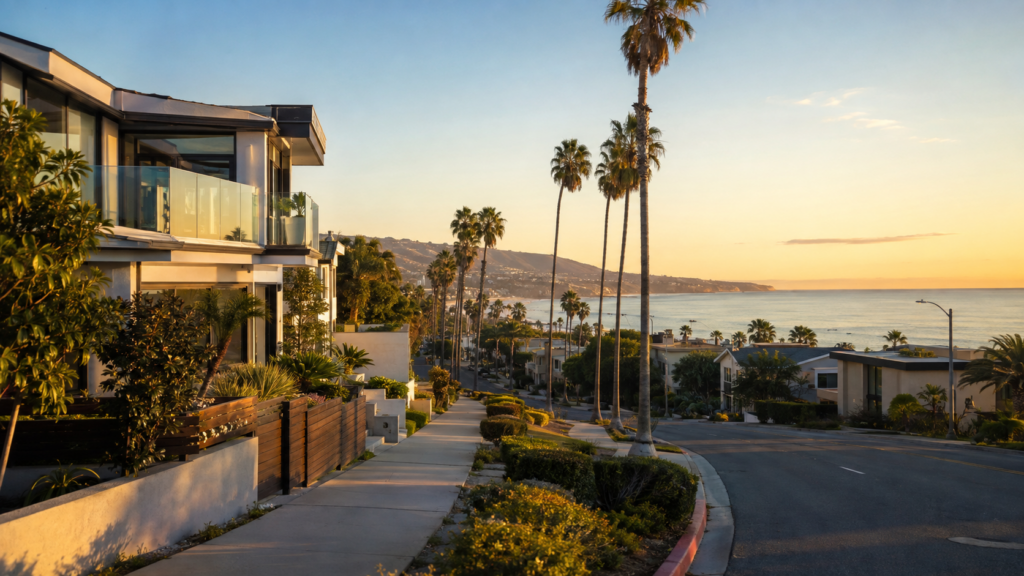 Luxury Santa Monica Real Estate Homes Along A Palm-Lined Coastal Street At Sunset.