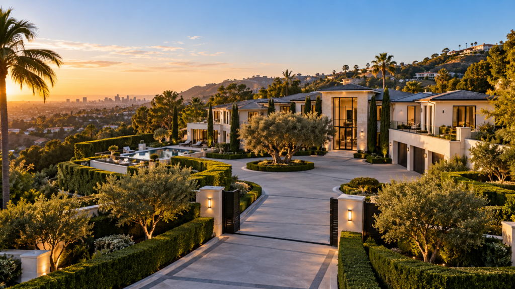 Luxury Bel Air Estate With Pool, Gated Driveway, And City Skyline View At Sunset.
