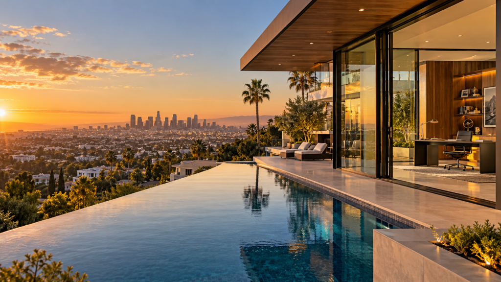 Beverly Hills Luxury Home With Infinity Pool And Los Angeles Skyline At Sunset
