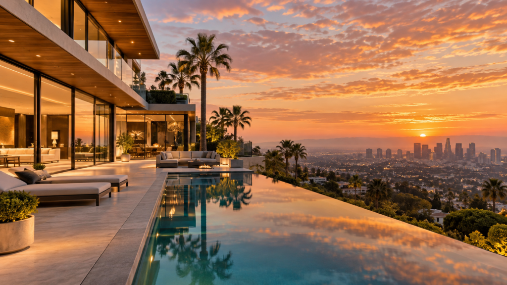 Luxury Hollywood Hills Home With Infinity Pool Overlooking The Los Angeles Skyline At Sunset.