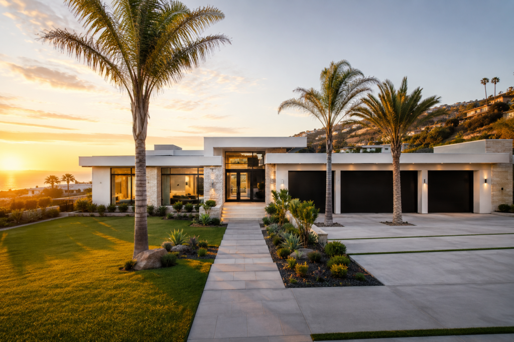 Modern Luxury Estate In Santa Monica With Palm Trees At Sunset