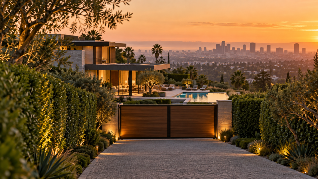 Private Gated Luxury Home With Pool And Los Angeles Skyline At Sunset For An Off Market Home Sale.